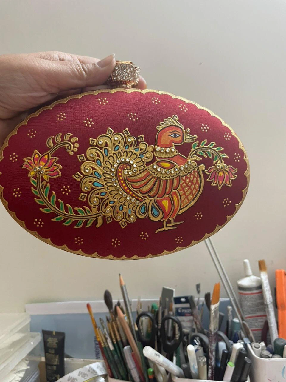 Maroon Oval Peacock Clutch