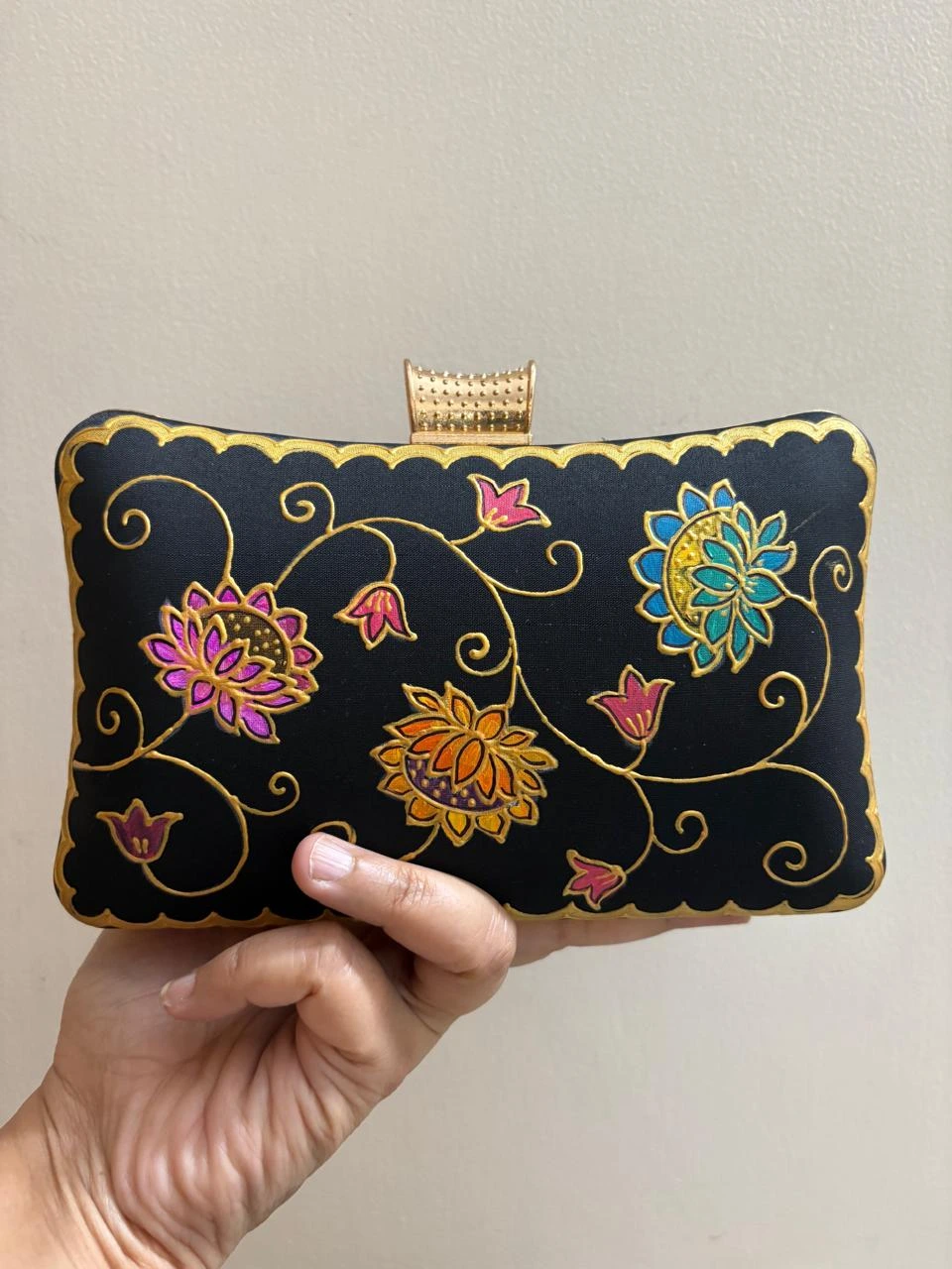 Black Floral Silk Clutch
