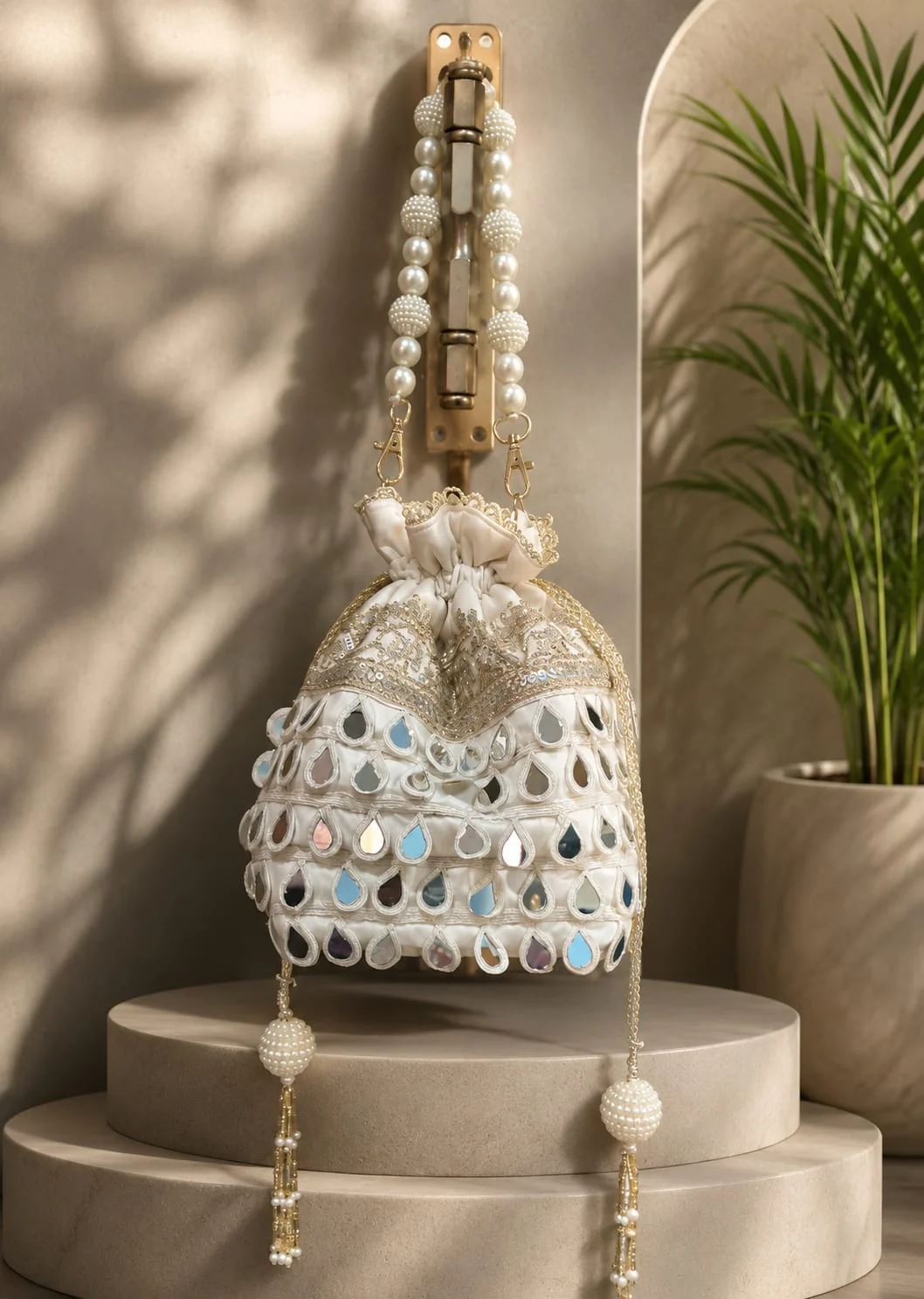 White Mirror Work Potli Bag