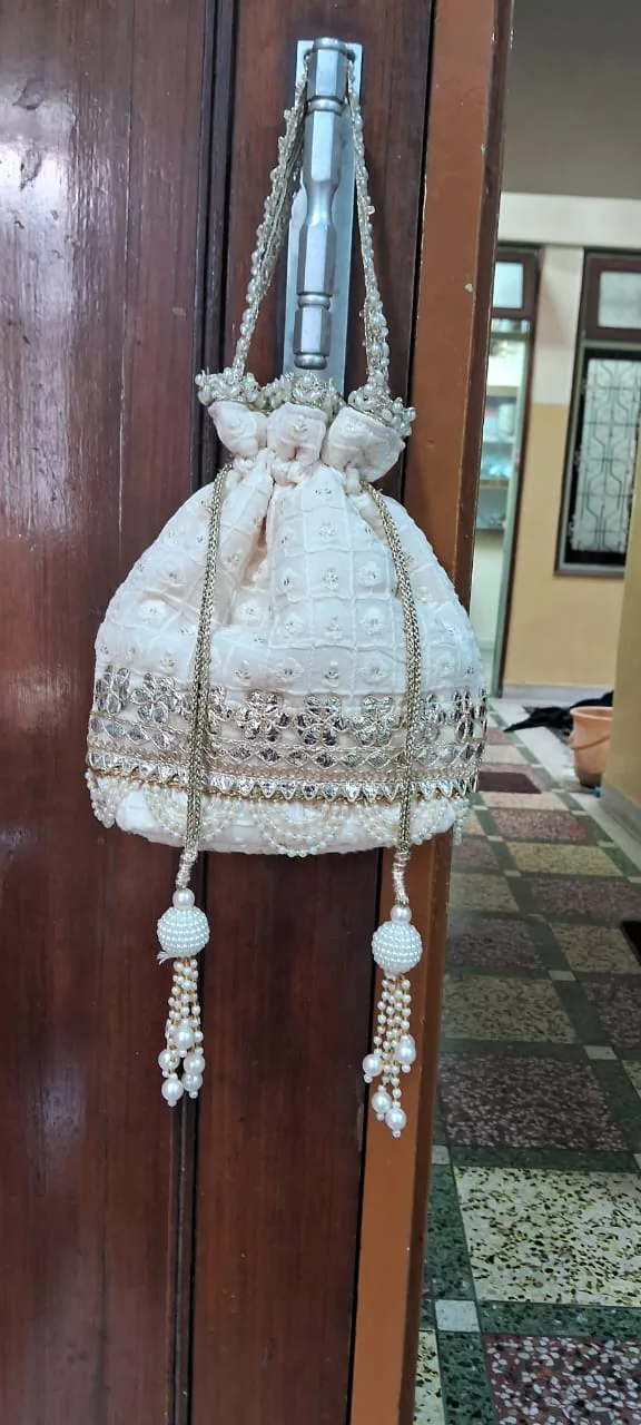 Ivory Chikankari Mirror Potli